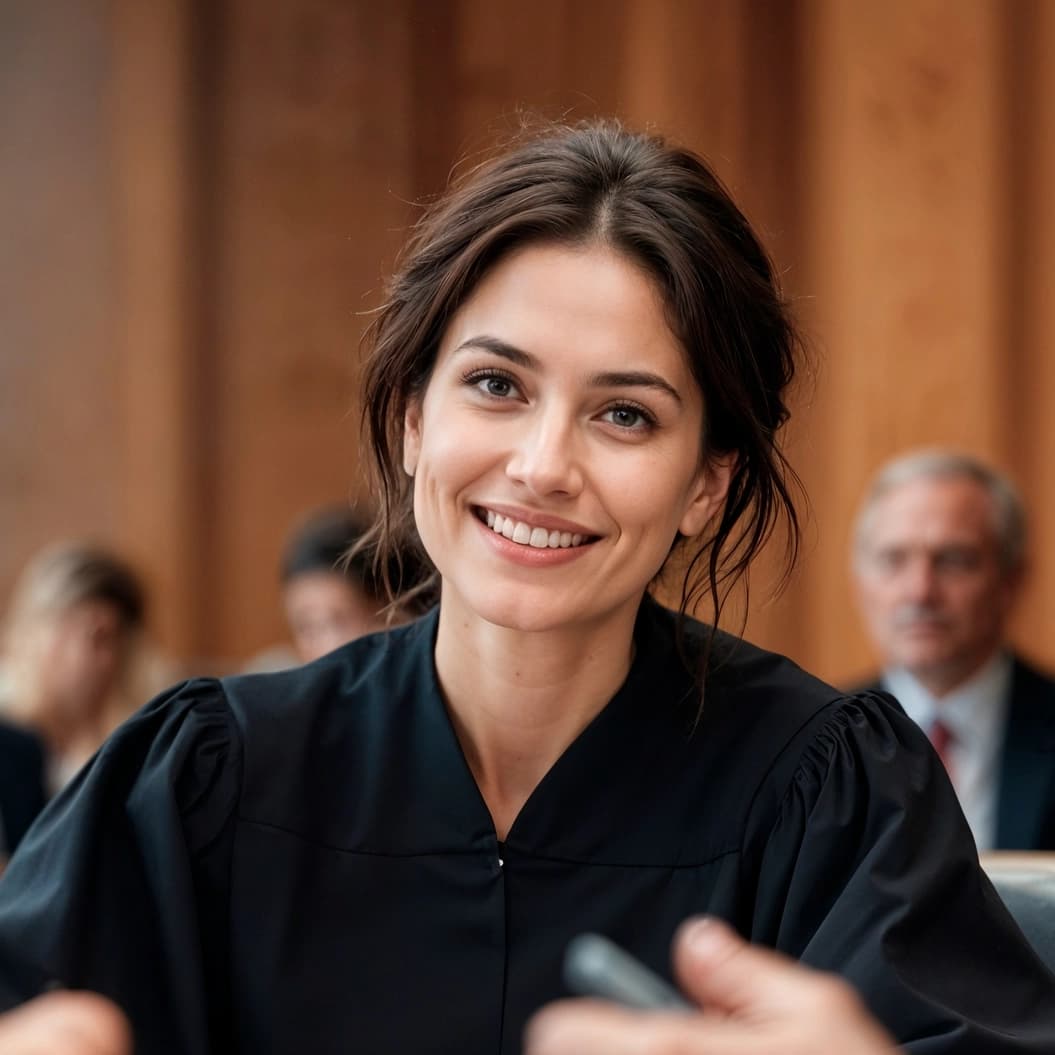 A smiling woman in a black robe in a wood-panelled courtroom, with people seated behind her.