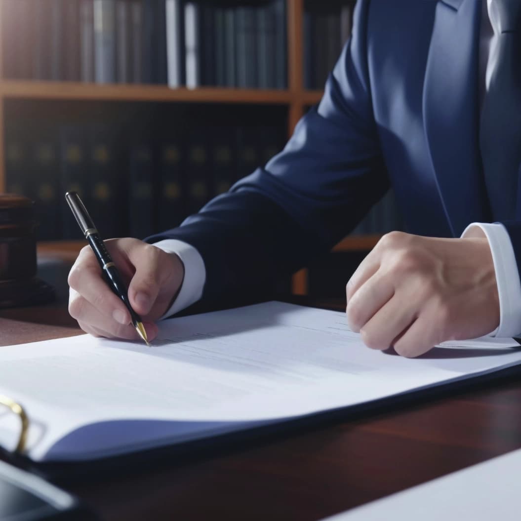 A person in a navy suit signing a document with a fountain pen at a polished desk, shelves of binders behind them.