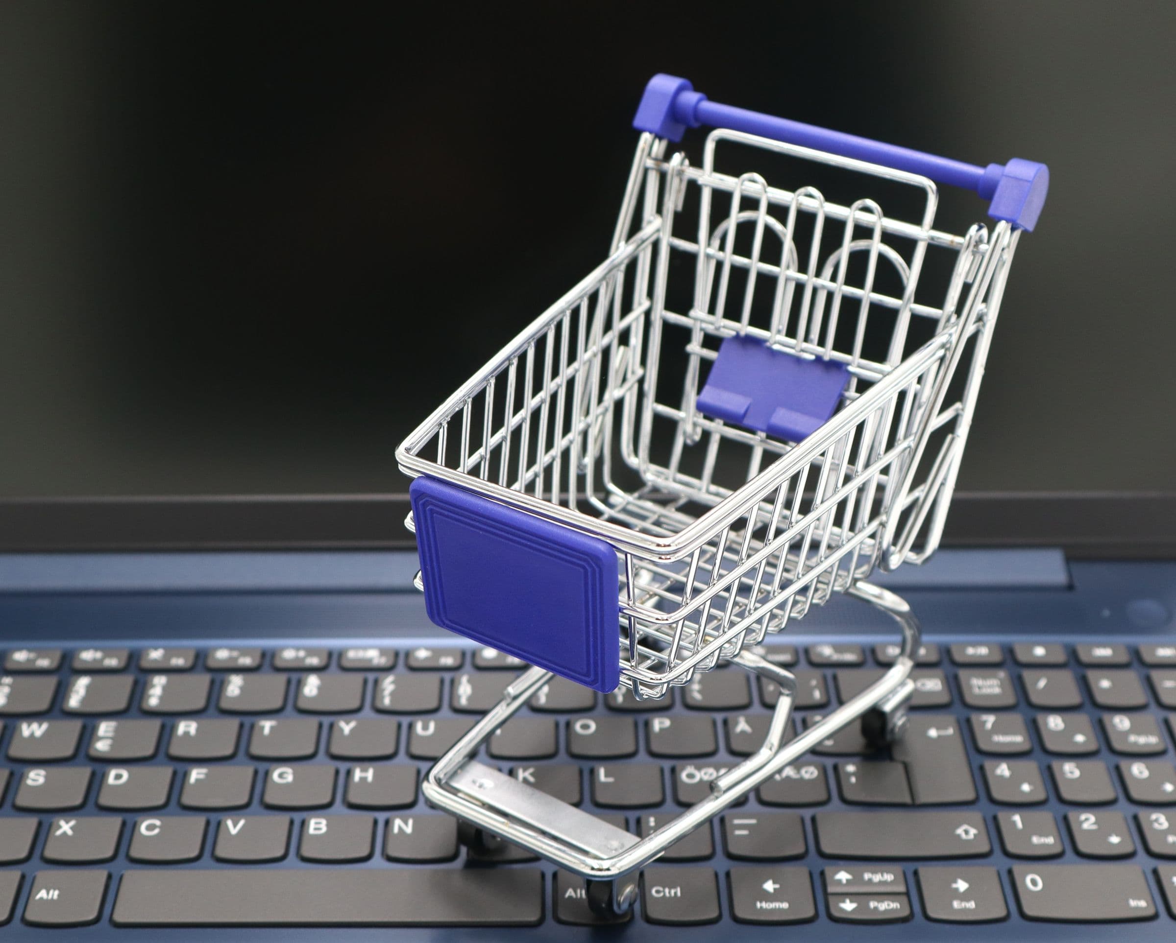 Mini shopping cart on a laptop illustrating brochure site versus online store