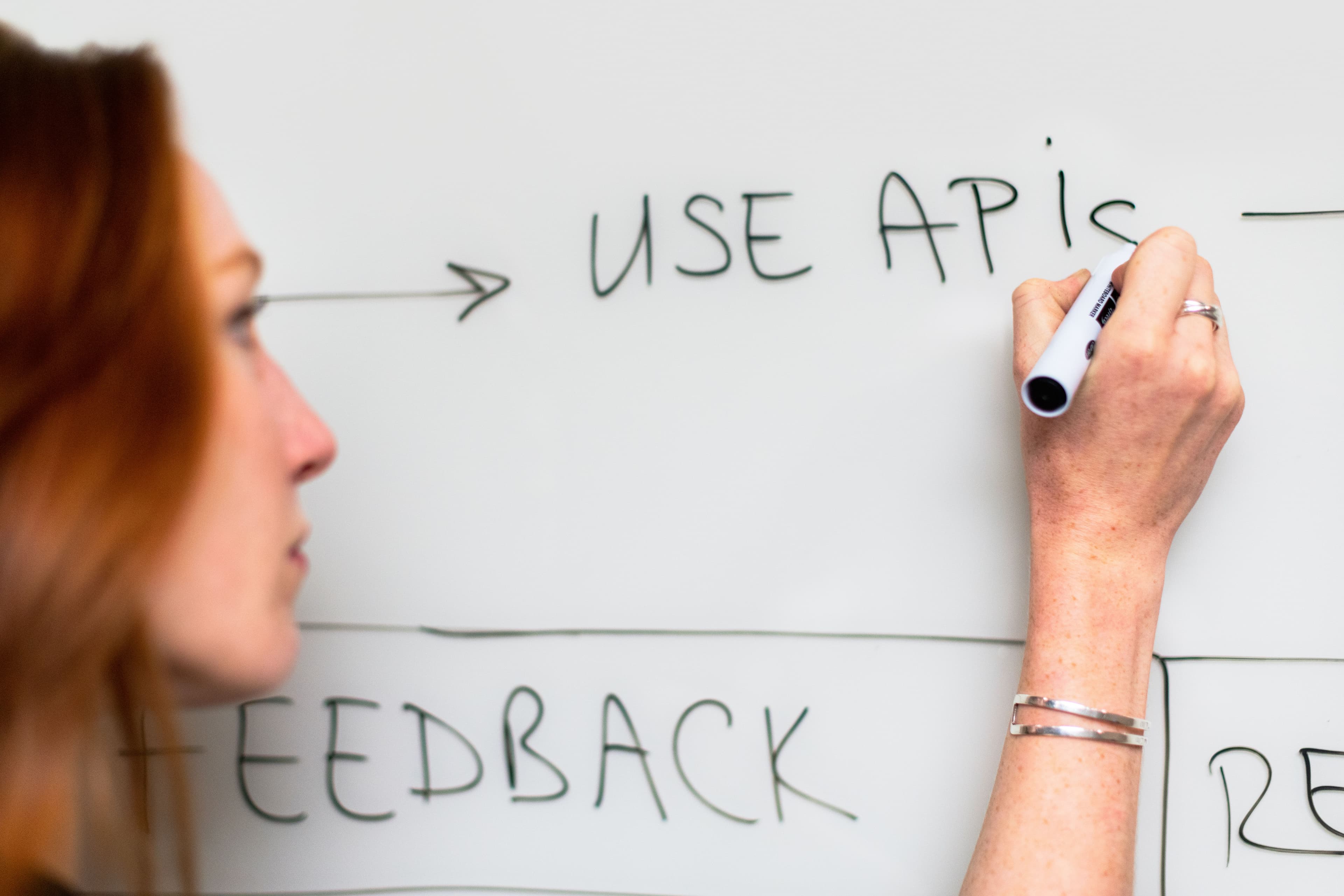 Engineer drawing a business systems integration map on a whiteboard